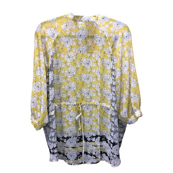Cabi Yellow White Black Floral Pattern Sheer 3/4 length sleeves Womens Small Shi - Picture 2 of 4